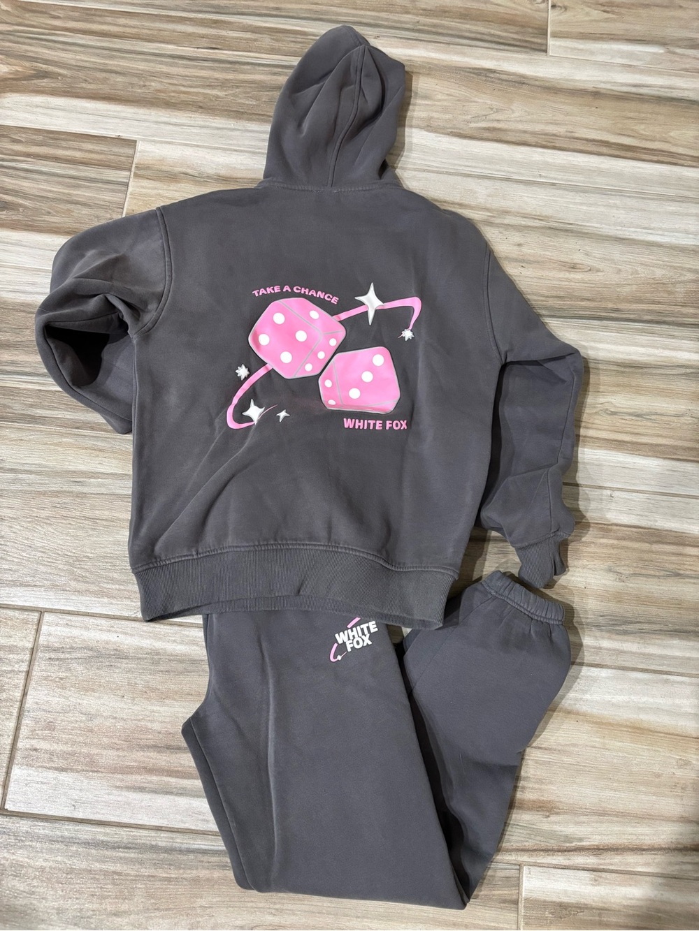 White Fox Boutique Gray Hoodie with Pink Dice Graphic, and Sweatpants set